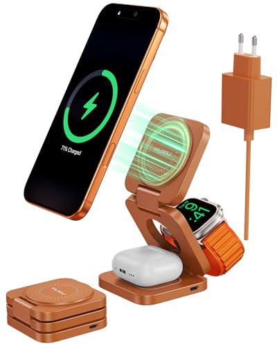 KU XIU X55 Turbo Stazione di Ricarica 3 in 1, Qi2.2 25W Caricatore Wireless | Pieghevole Supporto Viaggio, Magnetico Wireless Charger Base per iPhone 17-12/Watch/AirPods, 45W Adattatore incluso, Nero