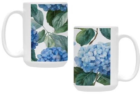 qenuh Blue Hydrangea Floral Pattern Ceramic Mugs Coffee Cup Smooth Glaze Finish 15 oz Classic Tea Cup for Hot Drinks, Office/Home Use