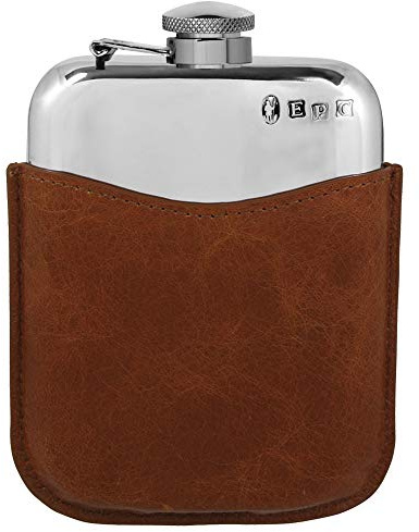 English Pewter Company 6oz Pewter Hip Flask With Luxury Brown Leather Pouch [PLF02]