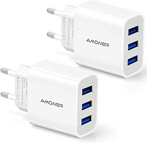 Amoner Cargador Rapida 15W 3 Puertos (2 Piezas) USB Múltiple Enchufe Compatible con iPhone17 16 15 14 13 12 11 XS MAX XR Pro MAX Plus Mini SE 8 7 6 5, Xiaomi, OPPO, Huawei, Google