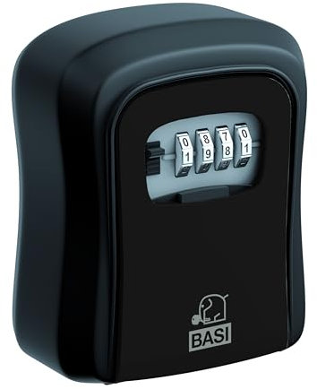 BASI | Schlüsselsafe aus Aluminium | 4-stellige einstellbare Zahlenkombination | Wetterfest | Schlüsseltresor | Schlüsselbox mit Zahlencode | Für Innen- und Außenbereich | Farbe Schwarz