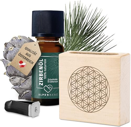 Alpenherz Auto Lufterfrischer aus Zirbenholz wiederverwendbar Duftstecker - Zirben Duft Zirbenöl Zirbenduft Geschenk Autoduft Deko Auto Zubehör Innenraum Geruch Lüftung Blume des Lebens Lebensblume