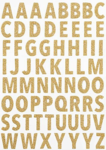 HobbyFun Glitzer Sticker Buchstaben 64 Stk Aufkleber Kunststoff Höhe 1.5 cm selbstklebend ganzjährig ideal für Bastelprojekte und Dekoration Gold