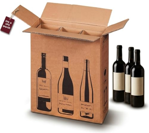 KK Verpackungen Flaschenversandkarton 3 Flaschen | 10 Stück, Weinkarton Doppelwelle | DHL & UPS pTZ-zertifiziert | Weinversandkarton für Bordeaux, Schlegel, Sekt | Mit Einlagen & Falthülsen