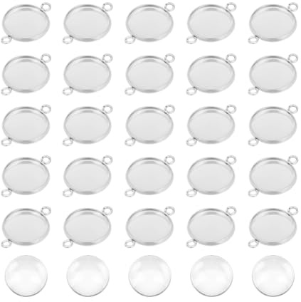 UNICRAFTALE 50 Sets 12mm Flache Runde Cabochon Rohlinge Verbindungs Anhänger Edelstahl Cabochon Armbänder Anhänger Metall Lünette Anhänger Mit Transparenten Glas Cabochons Für Schmuckherstellung