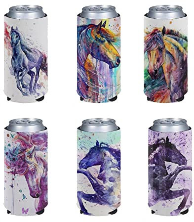 Pizding Dosen-Kühlermanschetten, blanko, Bierkühler, Isolatoren, Großpackung mit Malpferd-Muster, 6 Stück, Standardgröße, 340 ml