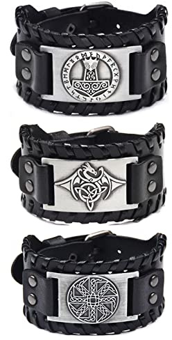 Sehaby 3 pulseras de cuero medieval negro, pulseras de piel con martillo de Thor vikingo, Pulseras de cuero de dragón volador vintage, pulseras de nudo irlandés nórdico para mujeres y hombres