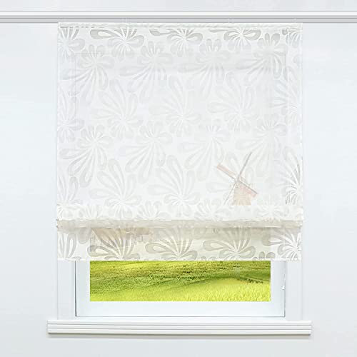 CORLIF Raffrollo mit Klettband Küche Raffgardine Ausbrenner Gardinen Modern Bändchenrollo Vorhang Halbtransparent Weiß BxH 60x140cm 1 Stück