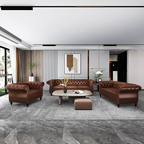 RARZOE 3 Pieces Living Room Furniture Sofa Sets,Modern Faux Leather Chesterfield Sofa&Chesterfield Club Chair&Chesterfield Loveseat Sofas Set with Nailhead Trim Scroll Arms for Living Room,Dark Brown