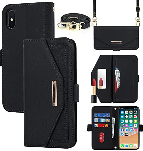 CAVOR Handykette Handyhülle kompatibel mit iPhone X/XS Hülle Mit Band,Flip Leder Geldbörse Handyhülle,[Spiegel][5 Kartenfach][Magnetisch],Klapphülle Handytasche zum umhängen - Schwarz