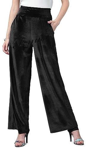 Pantalones de mujer de terciopelo con cintura alta elástica estilo palazzo, pantalones sueltos con bolsillos, pantalones de pierna ancha para mujer, tela elástica y suave, perfectos para cualquier