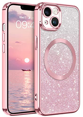DUEDUE Glitzer Hülle für iPhone 13 6,1'' [Kompatibel mit MagSafe] Glitzer Handyhülle mit Kameraschutz, Magnetische Stoßfeste Schutzhülle Soft TPU für iPhone 13 Hülle, Rosa