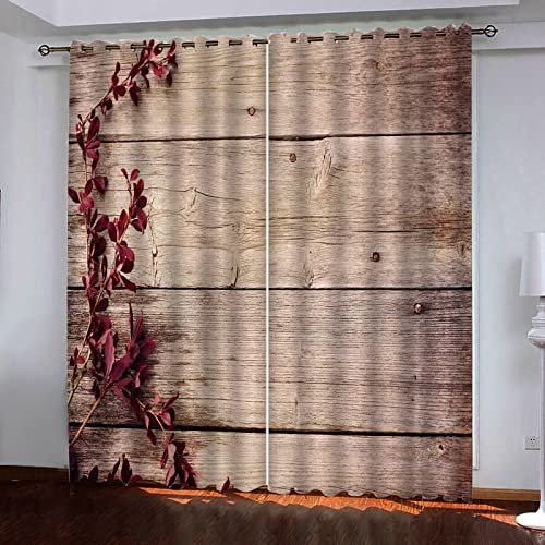 TFLABS Rideaux Occultants Thermiques 2 Pièces x 117 L x 229cm H Planches en Bois et Fleurs Rideau Panneaux à Oeillets pour Fille & Garçon/Insonorisation Isolation Lumineux Prêt à Poser