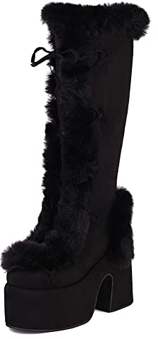 PAYDVOIER Femmes Block Talons Chunky Bottes Punk Goth Chaud Fourrure L'hiver Snow Plateforme Bottes Mid Top Moto Bottes Classique Tall Ii Bottes Black Size 40