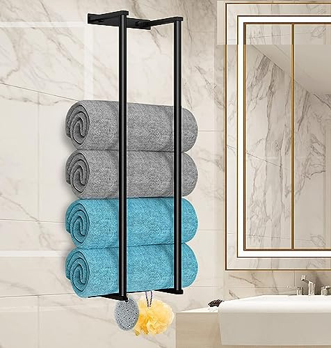 Bathroom Towel Rack for Rolled Towels, Towel Rack for Bathroom,Wall Mounted Metal Bathroom Organizer, Bath Towel Holder for Space Saving (Black)
