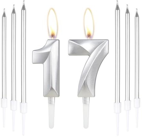 Silberne Kerzen zum 17ste Geburtstagskerze, Zahl 17 Kerzen mit 6 Langen Kerzen, Geburtstagsparty Kuchen Dekoration für Geburtstag, Party, Hochzeitstag