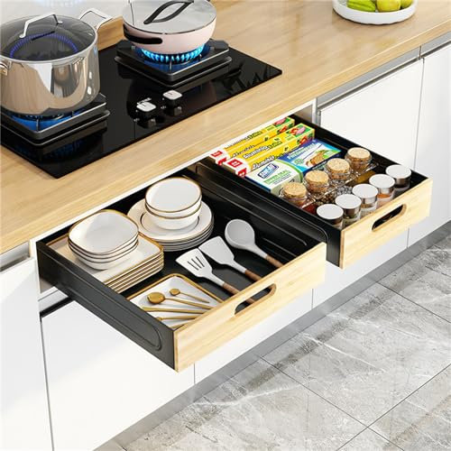 Viusneun Teleskopschublade, Ausziehbarer Schrank Organizer für Küchenschränke - Schubladen Aufbewahrungsregale - Ohne Bohren Multifunktional Schublade, 1 Stück (Schwarz,41 * 40 * 8cm)