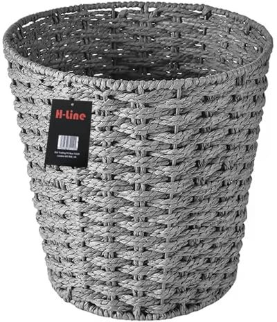 H-LINE Grey Paper Rope Round Basket Storage Waste Paper Rubbish Bin Country Style Bathroom Bedroom Office