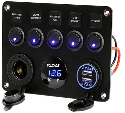 MUEOSI Panneau de Commutation de Bateau Marin étanche à 5 Gangs, for Prise USB Double 12 V, disjoncteur 4,2 A, Interrupteur à Bascule, contrôle de Voiture, Bateau, Marine Tableau électrique(Blue)