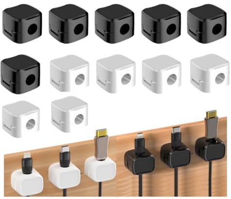Hitopin 12 Piezas Clip de Cable Magnético, Clip de Cable Ajustable Organizador, Cables Magnético Cable Management, Magnético Clips para Cables Autoadhesivos,para Cable de Carga USB(Negro,Blanco)