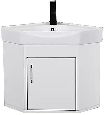 Weißes Eckwaschbecken zur Wandmontage im Badezimmer. Modernes, bemaltes Wandschrank-Set mit Abtropffläche und Kalt- und Warmwasserhahn für Badezimmer, Garage, Waschküche/Hauswirtschaftsraum.