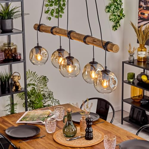 HOFSTEIN Pendelleuchte Ripoll, 5-flammige Hängelampe aus Metall/Holz/Glas in Schwarz/Natur/Bernstein/Klar, Hängeleuchte Retro/Boho m. Glasschirmen, Holzbalken, 150cm, E27, Esszimmer, Wohnzimmer, Küche