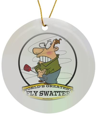 3dRose Funny Worlds Greatest Fly Swatter Cartoon Circle Porcelain Ornament