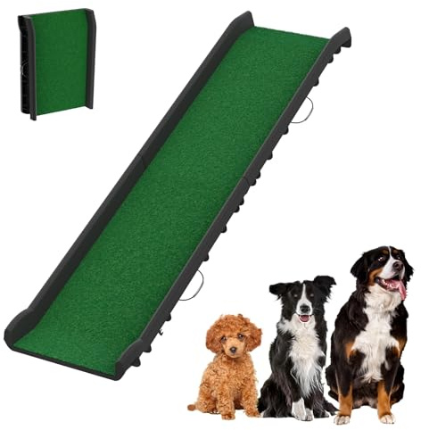 ORHEYA Rampa per cani pieghevole con erba artificiale, rampa per cani antiscivolo fino a 90 kg, scala per cani grandi e piccoli, rampa per bagagliaio auto, scala per cani, 156 x 40 cm, verde