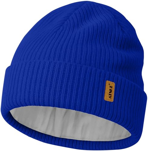 ATNKE Unisex stickad mössa hatt, stretchig tjock varm fleecefodrad dagligen vinter mjuk manschett ullig skalle keps gåvor för män pappa och kvinnor, BLÅ, one size