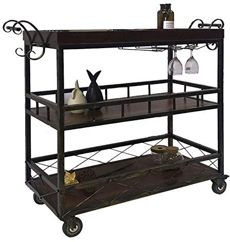 Generisch Barwagen, Holz-Metallrahmen, 2 feststellbare Räder, Servierwagen im Industrie-Vintage-Stil für Esszimmer, mit Weinbecherhalter (Braun, 60 x 35 x 75 cm)