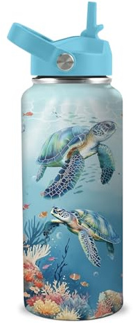 Sea Turtle Water Bottle Gifts for Women - 32oz Ocean Themed Insulated Water Bottle with Straw - Turtle Gifts for Marine Lover - Sea Turtles Stainless Steel Coffee Cup for Sports, Gym, Travel, School