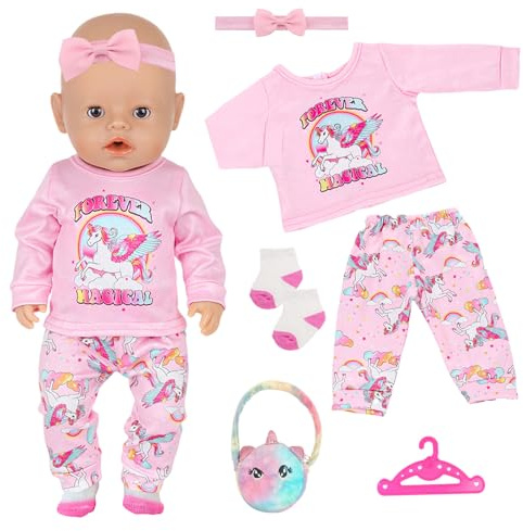 Puppenkleidung für 35-45cm Baby Puppen, 6 Stück Rosa Pony Puppenkleidung 43 cm Zubehör Set mit Cute Top Hose Trousers Haarband Socks Kleiderbügel Geschenk für 12-18 Zoll Puppen Outfit Kind Geschenk