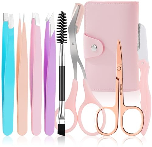 HEYMKGO Pinzetta Sopracciglia Professionale 8Pcs Kit Sopracciglia con Pu Bag Forbici Per Sopracciglia con Rimovibili Pettine Rasoio Sopracciglia Pettine Sopracciglia Donna Pinzette Sopracciglia