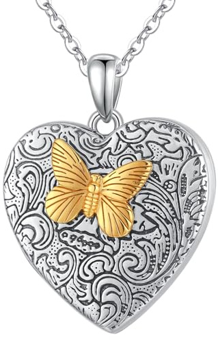 Alexander Castle Collana con medaglione in argento Sterling 925, da donna, con 2 medaglioni per foto, 31 mm x 25 mm, con ciondolo a forma di farfalla e cuore, con catenina in argento da 45,7 cm e