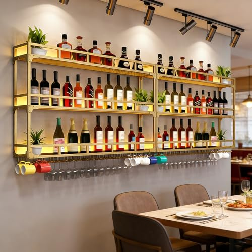 SPTZQURY Wall Mounted Wine Rack, 3 Tier Large Metal Industrial Liquor Bottles Shelf with Glass Holder For Kitchen Bar Dining Room Decoration (Gold, 150cm)