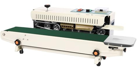 FR-900 Automatic Continuous Sealing Machine Food Sealing Machine Automatic Horizontal Continuous Sealer Plastic Bag Sealer Food Vacuum Heat Sealers 500W Electric Packing Tool for Most Solid Packaging