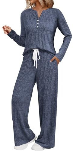 Pigiama Lungo Donna Pigiama Donna Manica Lunga Set da 2 Pezzi da Abiti Autunnali Maglione con Collo Abiti Coordinati E 2025 Caldo Cotone Lungo Cotone Blue M