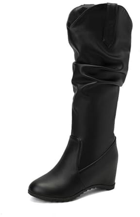 Generico Stivali Donna Stile Western Alti al Ginocchio con Tacco a Cuneo e Linee Morbide, Look Cowboy Casual ed Elegante,Nero,39 EU
