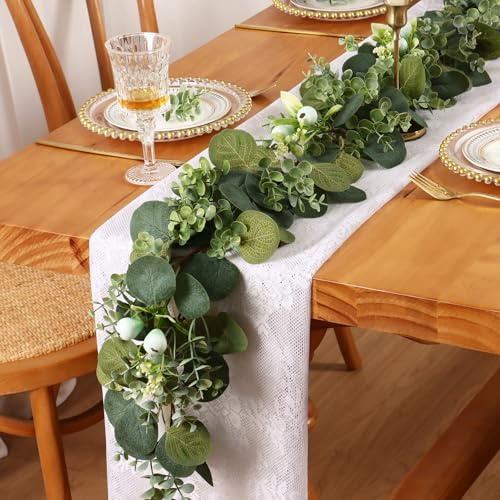 DEMIUKO Artificial Eucalyptus Garland Fake Foliage Garland with Berry Decor | Artificial Leaves Vine, Fake Hanging Plants, Indoor Outdoor Plants, Bushy Greenery, Home Garden Fence Arch Wedding Decoration