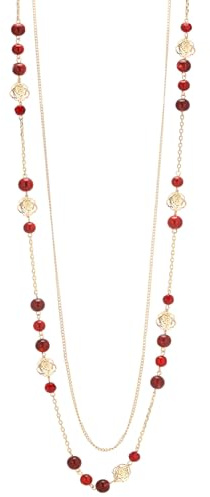 FULU AUTUMN Collier Femme en Or Long Sautoir avec Perles de Pierre Naturelle Double Rang Cadeau Anniversaire Bijoux Fantaisie pour Maman(Red)