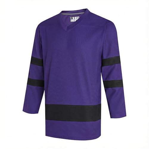 DEHANER Blank Training Hockey Jersey for Men Women Boys Girls Practice Hockey Game Shirts Sport Uniform Long Sleeve Casual Tops Black Stripe-Purple Jersey Men Size XX-Large