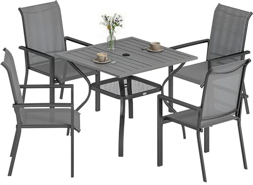 Outsunny Set Tavolo e Sedie da Giardino 5 Pezzi, Set da Pranzo con Tavolo, Foro per Ombrellone, 4 Sedie Impilabili in Texteline, Struttura in Acciaio, Set Mobili da Giardino per Terrazza Patio, Grigio