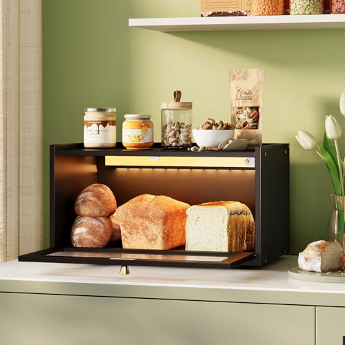 VEDECASA Bread Box for Kitchen Counter, Bamboo Bread Bin with LED Sensor Light and Acrylic Door, Bamboo Bread Storage Container for Loaves, Rolls and Pastries, Black 38×24×20cm