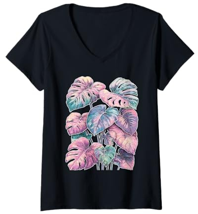 Women's Pastel Monstera Deliciosa Swiss Cheese Plant Botanical Art V-Neck T-Shirt
