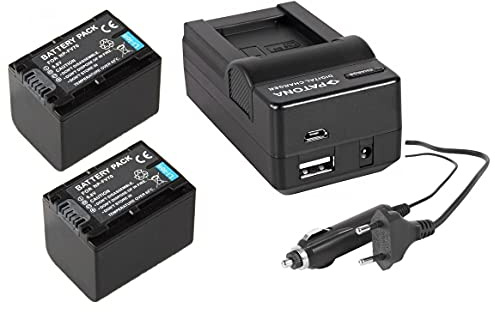 3in1-SET für den Sony FDR AX53 Ultra HD Camcorder - 2 PREMIUM Akkus für Sony NP-FV70 (1600mAh) + 4in1 Ladegerät (für USB, microUSB, 220V und Auto)