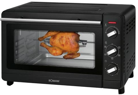 Bomann Multi-Backofen | 30 Liter Backraum | Ober + Unterhitze | Kombibetrieb | 6-Stufenschalter | 100 °C–230 °C | Drehspieß | Pizzastein (29 cm) | Krümelblech | Sichtfenster | 1500 Watt | MBG 6023 CB