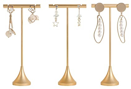 GemeShou 3 supporti a barra T in oro con base stabile, porta-orecchini in metallo per esposizione, mensola per spille di gioielli piccole per fotografia di negozio online【Altezza 13 cm】