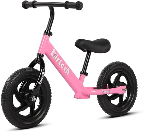 Birtech 12 Inch Toddler Balance Bike for Kids 2-6 Years Old, Adjustable Seat Height, Indoor Outdoor Toy Bicycle With No Pedals, Pink