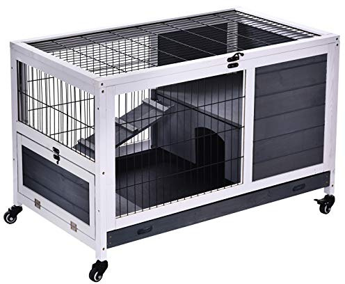PawHut Jaula para Conejos de Madera Conejera para Mascotas Pequeñas Portátil Interior con Techo Abrible Rampa Bandeja Extraíble para Conejillos de Indias 90x53x59 cm Gris Oscuro