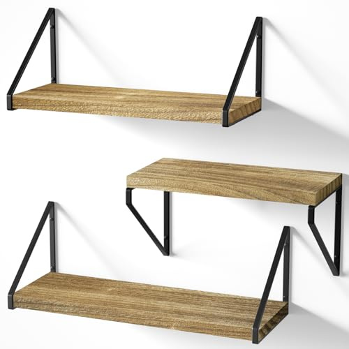 Love-KANKEI Etagères Murales Lot de 3 Etagères Flottantes en Bois et Fer Charge Maximal 18 Kg rustiques pour Chambre, Salle de Bain, Salon, Cuisine et Plus, Noir carbonisé